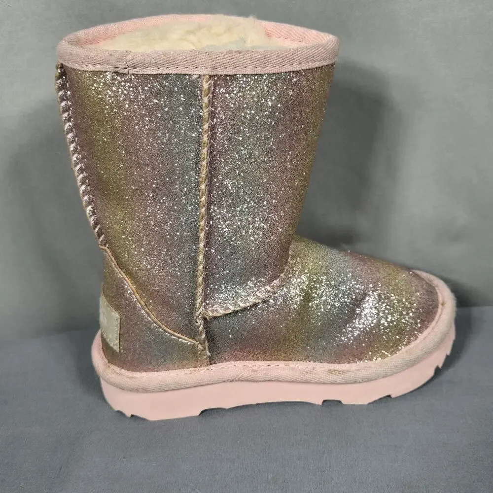 UGG Boots Girls Size 6 Pink Glitter UGGplush Shearling Lined Rainbow Winter